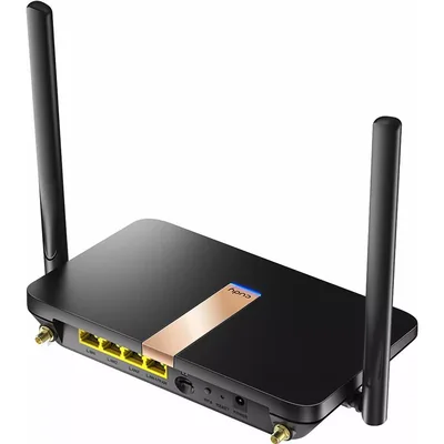 Rückseite des Routers mit vier LAN-Buchsen, SIM-Schacht und Antennenanschlüssen